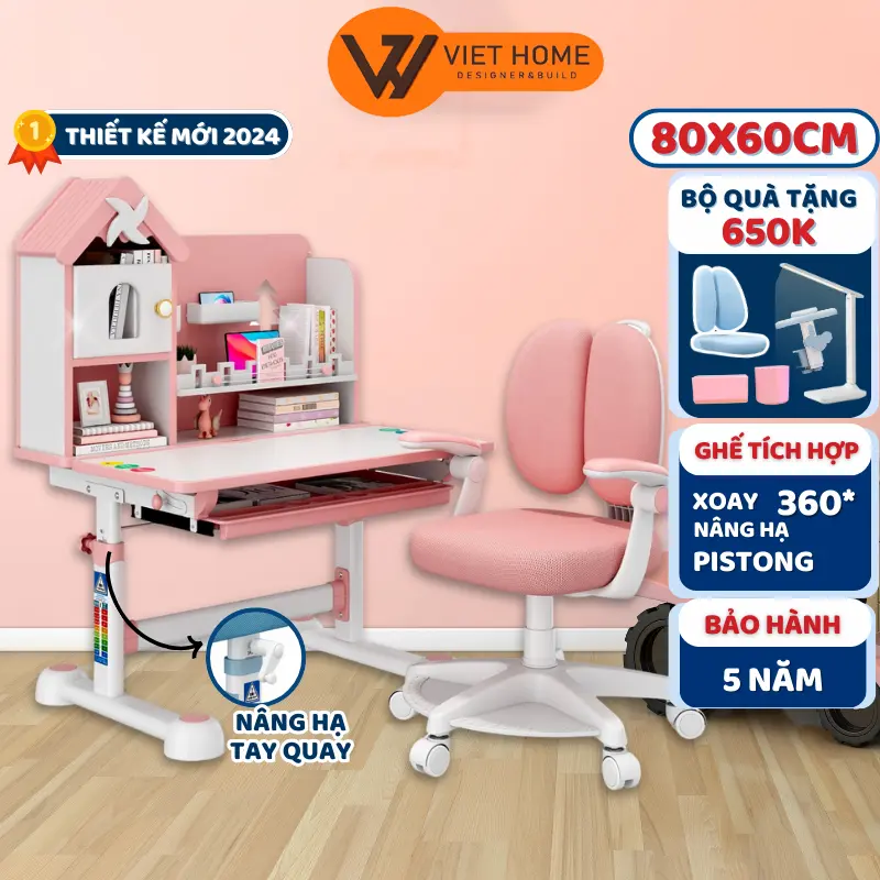 Bộ bàn học trẻ em F10A, bàn học chống gù có kệ sách mới ,nâng cấp ghế xoay 360 có bánh xe 0