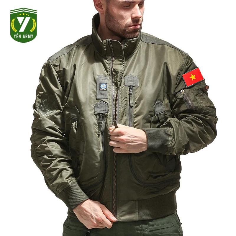 Áo Khoác Pilot Phi Công Vải Dù 2 Lớp Màu Xanh Rêu Đen - Mã PL1981 - Tặng Kèm Lá Cờ Việt Nam Dán Áo
