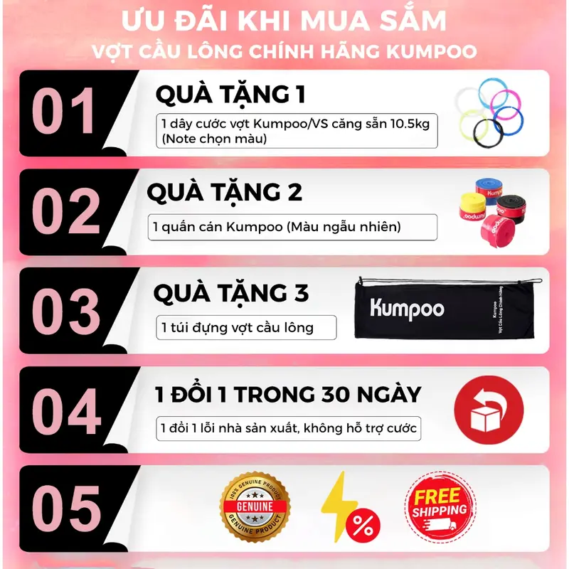Vợt cầu lông Kumpoo LᶖghtPink, BlackPink chính hãnġ sợi carbon 4U căng sẵn 10.5kg công thủ toàn diện phân phối độc quyền Cán Vợt Sport Chống Trơn kumpoo lightpink 1