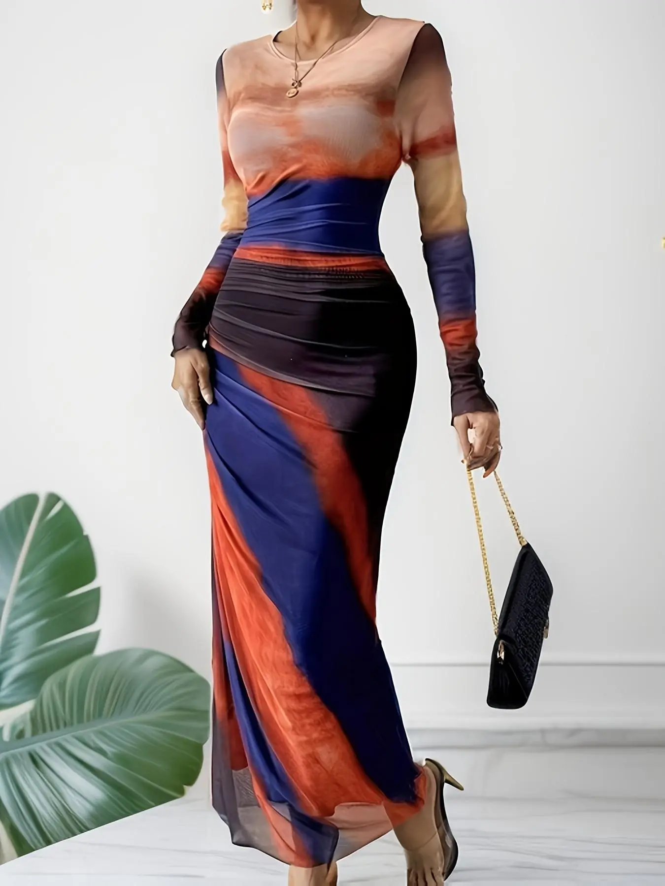 Women's All Over Print Ruched Tulle Dress, Elegant Long Sleeve Round Neck Long Dress for Party Holiday Wedding Guest, Valentine's Day Gift, Ladies Spring & Fall Clothes, Party Dresses