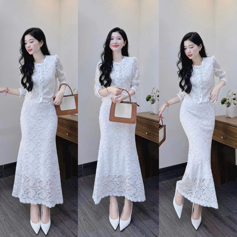 Sét Áo Ren Tay Lỡ Cài Nút Phối Chân Váy Body Dài Tôn Dáng Nữ Tính Dịu Dàng Thanh Lịch Sang Trọng Dễ Thương - Free Size - Women Top Màu ĐEN- ĐỎ-TRẮNG