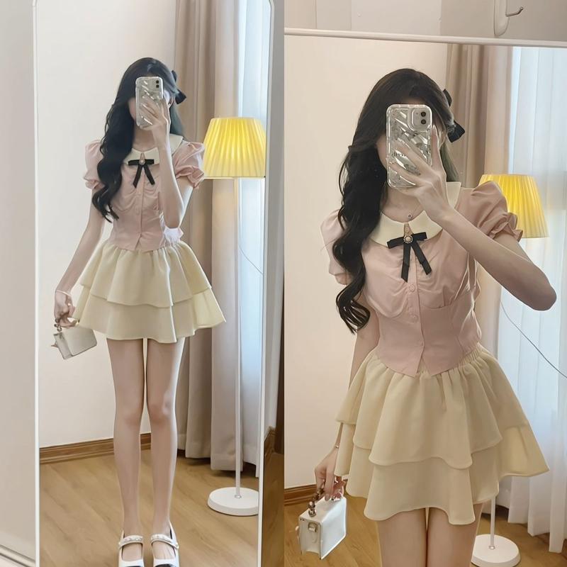 Set Áo Sơ mi Nữ Trắng Hồng Chiết Eo Chân Váy Đũi Sần 2 lớp, Đầm Nữ Chiết Eo Lên Dáng Siêu xᶖnh, Thời trang nữ hot trend 5