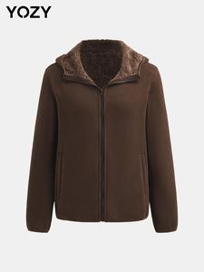 YOZY Women's Solid Zip Up Hooded Jacket, Casual Long Sleeve Pocket Design Outerwear for Fall & Winter, Women's Clothing for Daily Wear