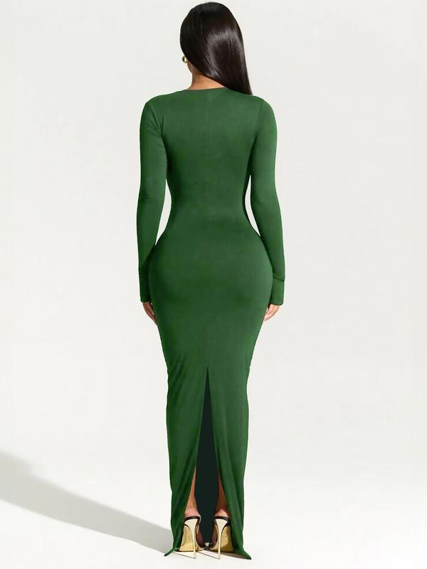 Women's Christmas Solid Asymmetrical Neck Split Bodycon Dress, Fit Long Sleeve Maxi Dress for Party Dating Wear, Ladies Clothes for All Seasons Valentine's Day, gift 5