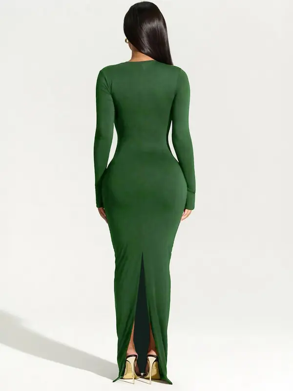 Women's Christmas Solid Asymmetrical Neck Split Bodycon Dress, Fit Long Sleeve Maxi Dress for Party Dating Wear, Ladies Clothes for All Seasons Valentine's Day, gift 5