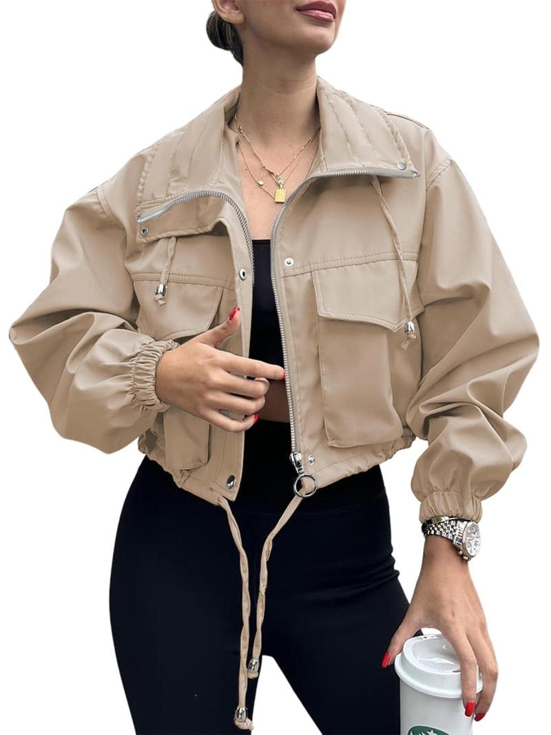 Product Introduction of Women's Solid Zip Up Crop Jacket, Casual Fashionable Pocket Lightweight Outerwear, Ladies Spring & Fall Clothes, Clothes for Women 1