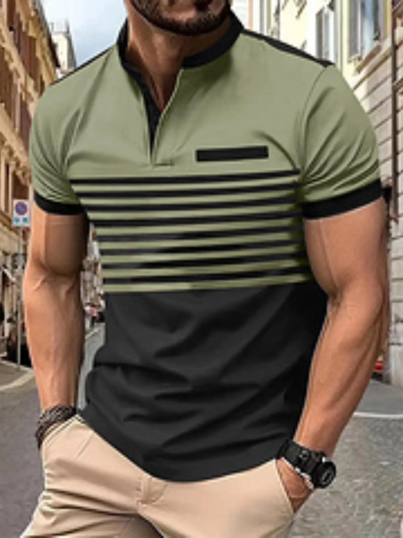 Men's Colorblock Striped Print Polo Shirt, Regular Fit Casual Short Sleeve Top for Summer, Fashion Men's Clothes for Daily Wear