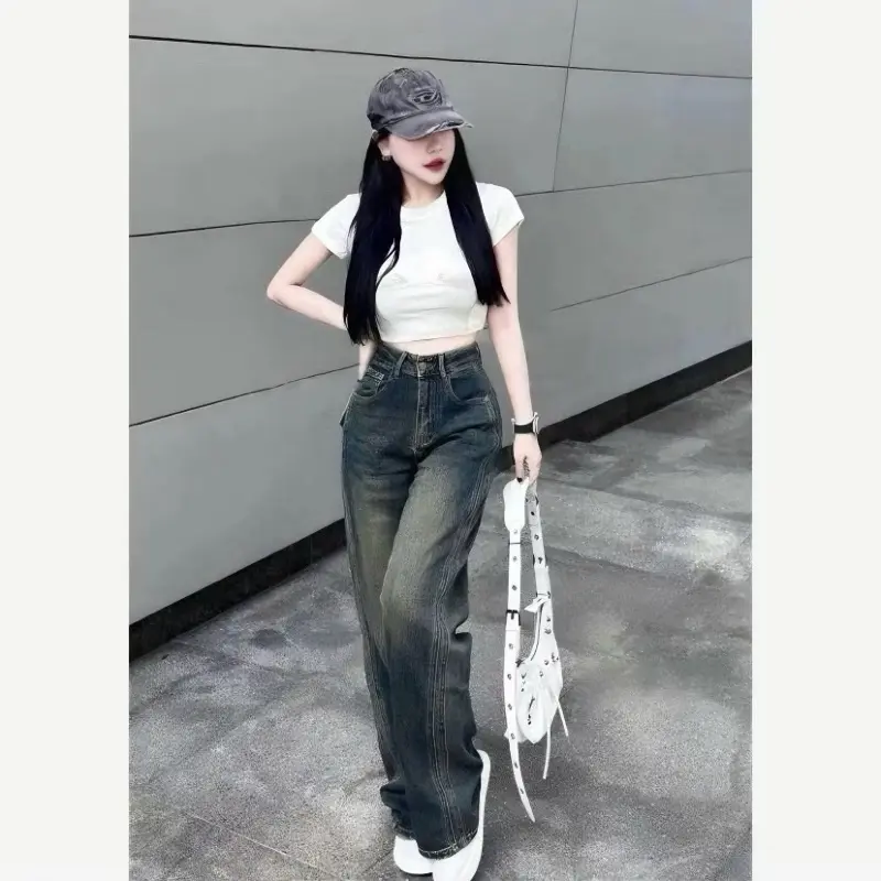 Quần suông viền sườn mài đùi lưng cao màu mới Nữ Kem thông thường quần jean