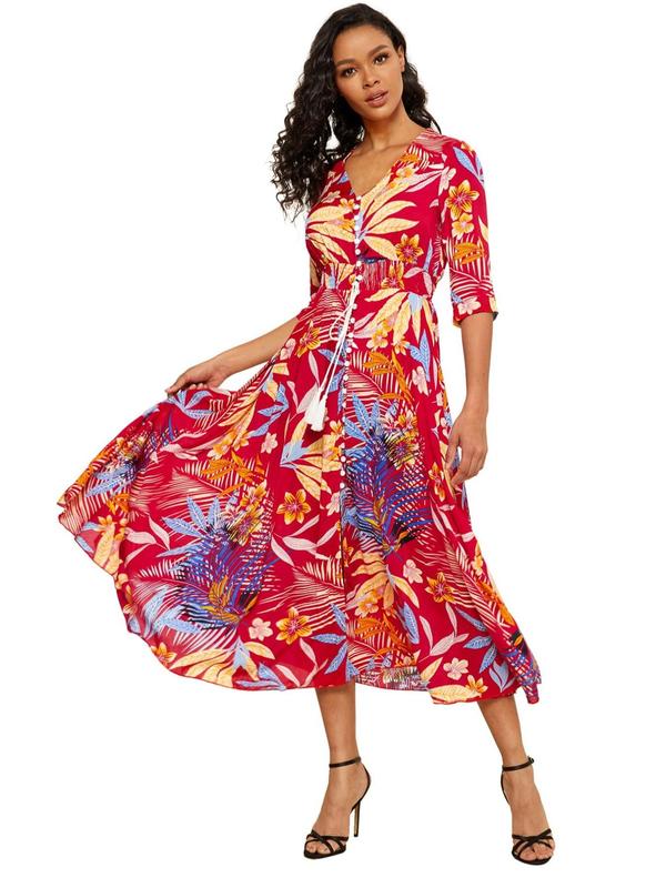 Women's Boho Floral Tied Button Front Split Long Maxi Dress, Casual Womenswear, Spring Summer Beach Vacation Half Sleeve V Neck A-line Dresses, Homecoming Dresses, Holiday Dresses, Ditsy Floral Dress 4