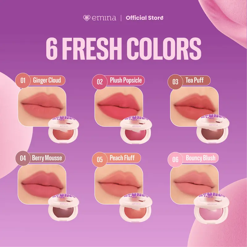 NEW! Emina Bouncy Tint 3 in 1 Lip, Cheek, & Eye - Blurry Lip Color, Lasting Stain, dilengkapi dengan SPF 15 PA+++, Marshmallow Mochi Pudding Longlasting Blush On Lip Tint Eye Shadow 4