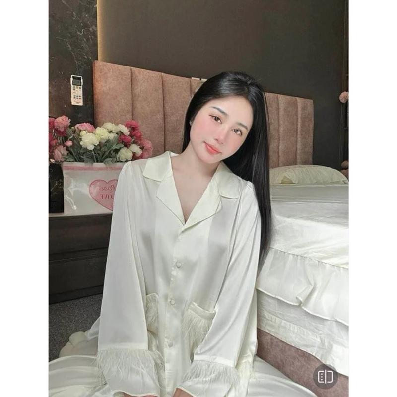 Đồ Bộ Cao Cấp Mặc Nhà Tiểu Thư Lụa Mịn Latin Mềm Mịn  Phối Lông Vũ Pijama Bộ Ngủ Nữ Freesize 40-58kg - HD STORE Áo 3