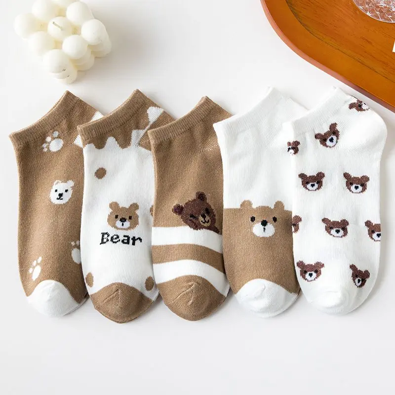[luckydino] Kaos Kaki Beruang Coklat Cute Women Socks Import Kaus Kaki Berkualitas Brown Bear Kaos Kaki Lucu High Quality Beruang Bintik Putih Beruang Mini Korean Style