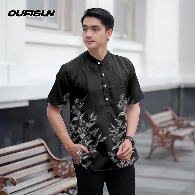 Product Introduction of Koko Kurta Shirt Raya 2025 Ramadan Festival Batik Men's Top Slim Fit 3D Printed Pattern Stand Collar Short Sleeve Henry Shirt Men's Formal Shirt 5