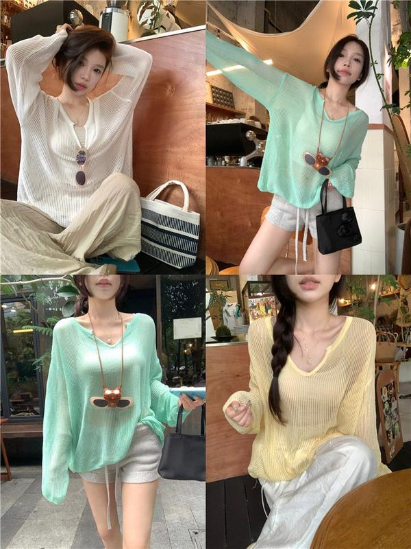 ÁO LEN NỮ FORM RỘNG ĐAN KIM LƯỚI XUYÊN THẤU CỔ V DÀI TAY 5 MÀU TOP HÀN QUỐC KOZODA AL308 Trắng