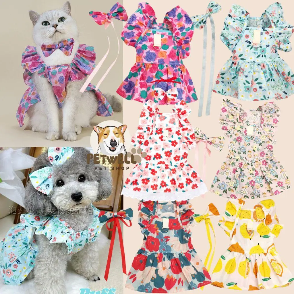 Pet Dress Pet Dress with Bow Tie Floral  Pattern Pleated Hemming Windproof Pet Vest Puppy Flying Sleeve Clothes for Spring