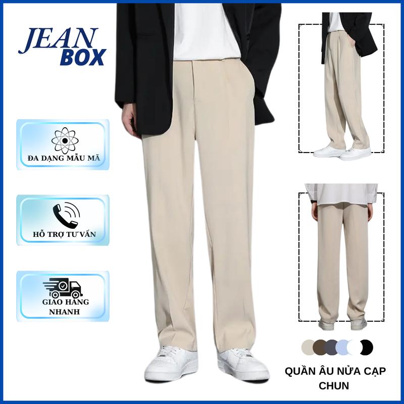 Quần âu nam nữ nửa cạp chun ống suông màu be JEAN BOX phong cách Hàn Quốc Pants Menswear