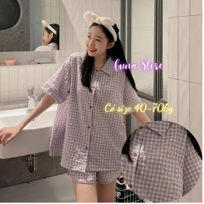 (Hot)Đồ kẻ thô Hàn mặc mát mùa hè pyjama tay ngắn quần đùi hot trend đẹp xịn.