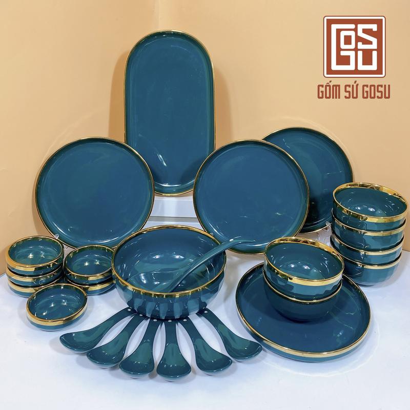  Bộ bát đĩa cao cấp chén đĩa decor đẹp màu Xanh Ngọc viền vàng phong cách Bắc Âu 