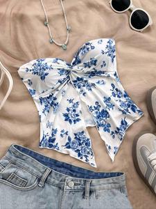Top tipo tubo con estampado floral para mujer, top casual sin mangas con dobladillo dividido para verano, ropa de damas para uso diario, ropa de mujer