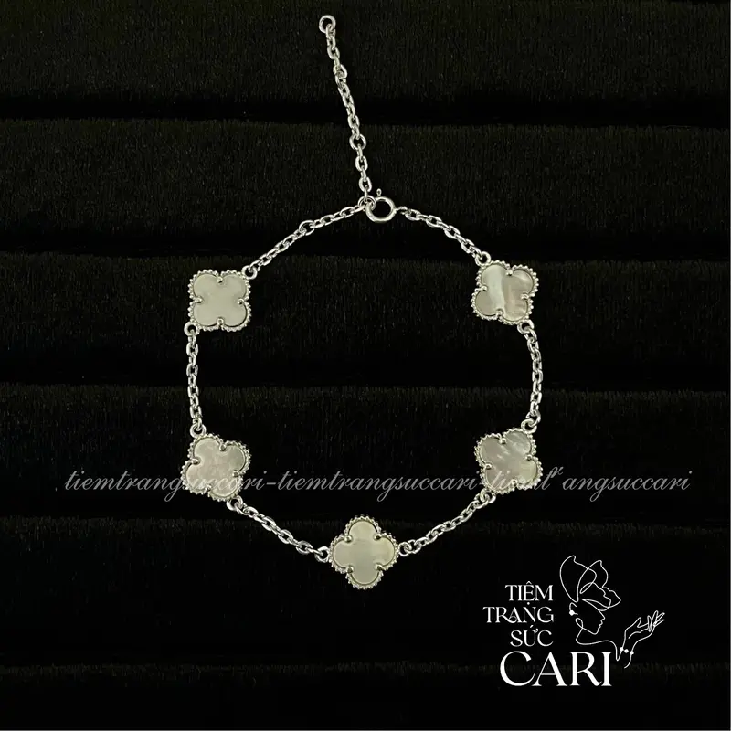 ￼[Đá 10 li] Lắc tay cỏ 4 lá bạc 925 đính đá Xà Cừ Freesize by TIEMTRANGSUCCARI 4