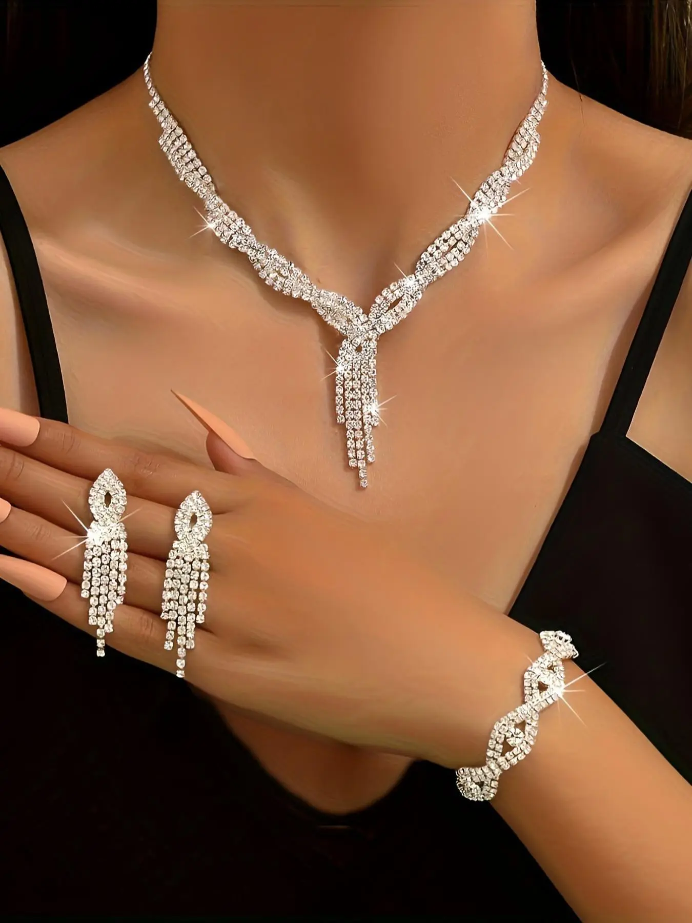 Women's Elegant Rhinestone Decorated Jewelry Set, Summer Exquisite Trendy Necklace & Dangle Earrings & Bracelet, Fashionable Jewelry Set for Party Decoration