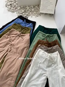 ASOKA Rachel Pants 2431 - Celana Highwaist Tali - Celana Linen Crinkle Casual Panjang Kulot Wanita