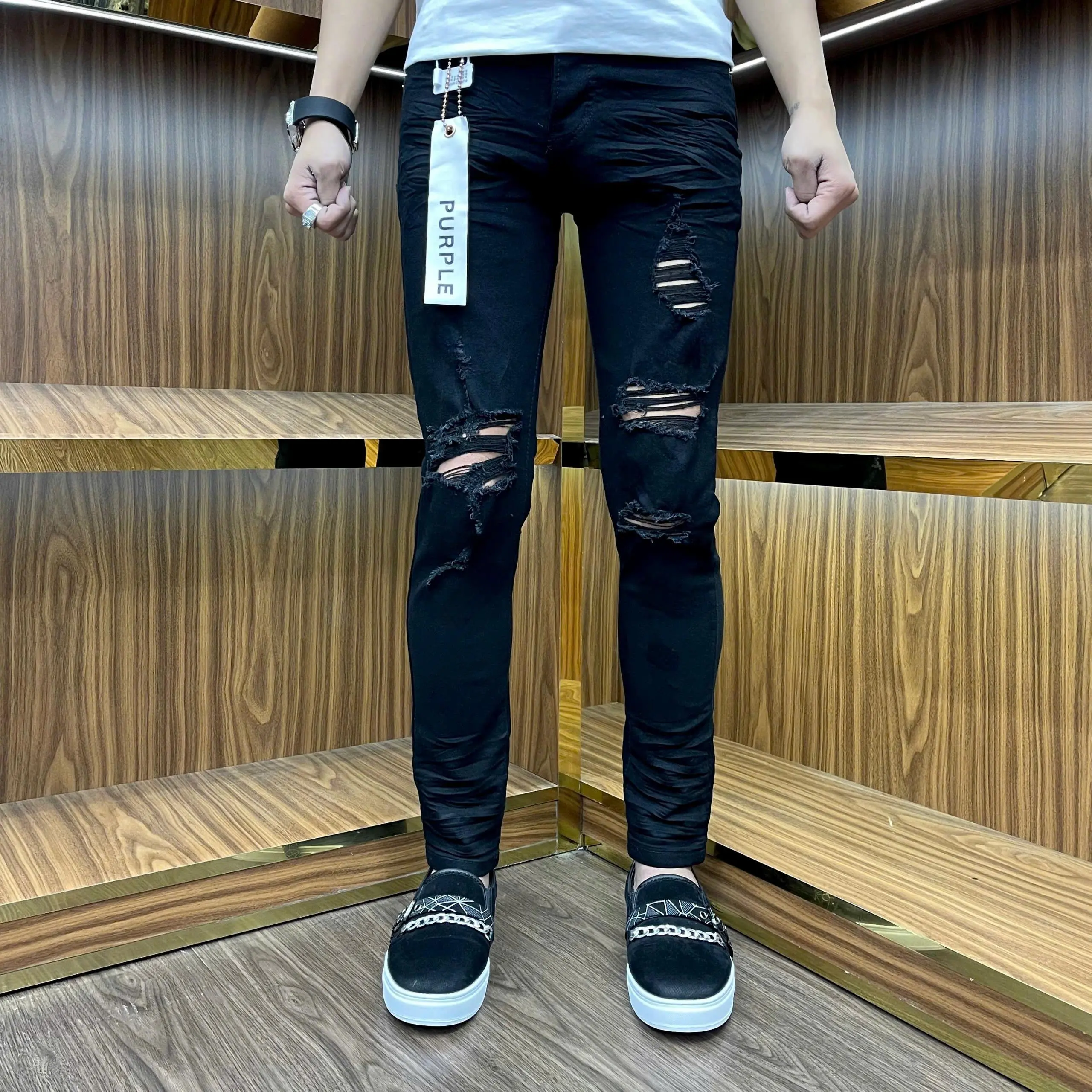 quần Jeans nam đen pơ pồ rách bốn cúc tang lụa bốn cúc