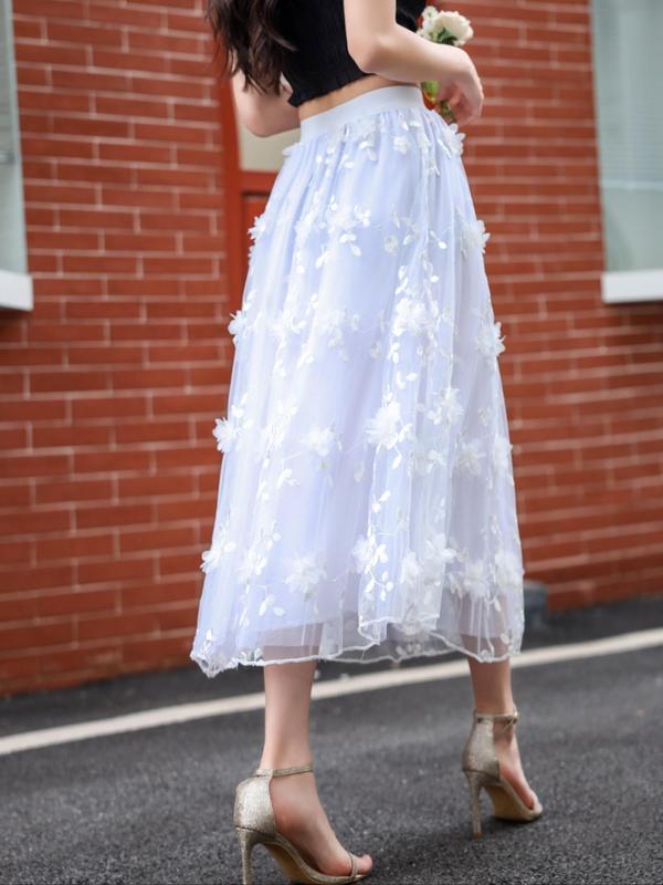 Women's Flower Appliques High Waist Tulle Skirt, Elegant A-Line Midi Skirt For Party Holiday Vacation, Ladies All Seasons Clothes, Womenswear 6