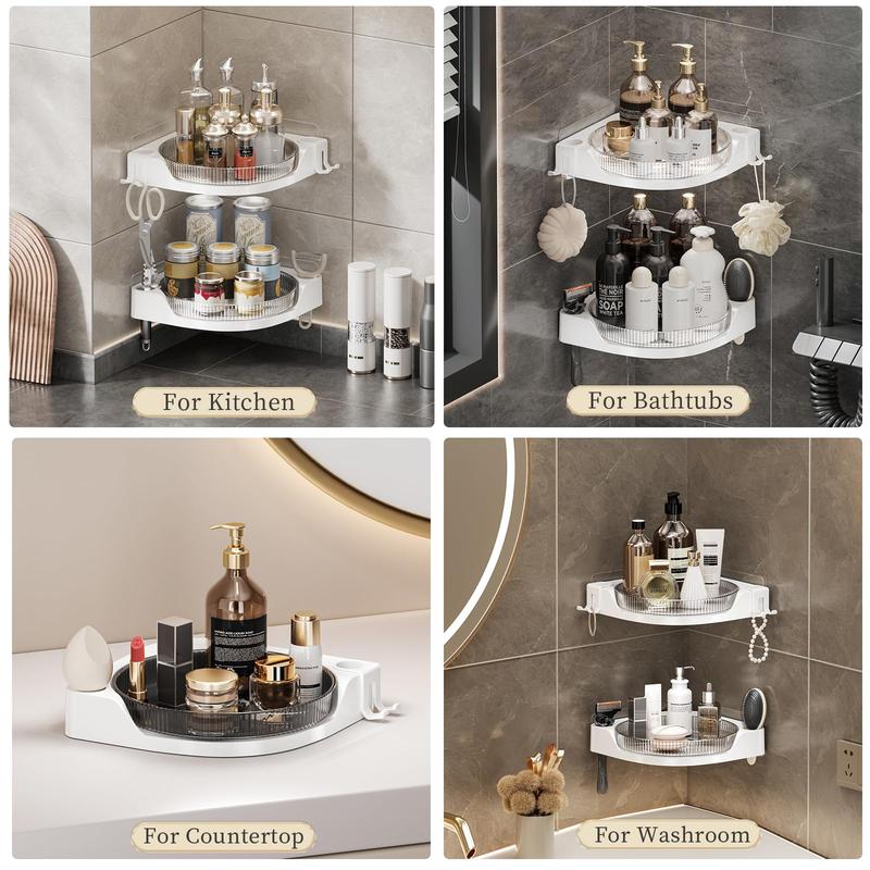Product Introduction of 360° Rotatable Shower Shelf, Large Capacity Single Layer Shower Storage Rack with Hooks, Shower Organizer for Bathroom, Kitchen and Toilet 12