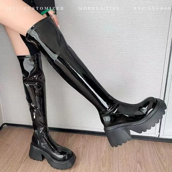 Bốt Co Giãn Tăng Chiều Cao, Cỡ Nhỏ Dành Cho Nữ, Hàng Mới Về Mùa Thu Và Mùa Đông, Thiết Kế Đế Dày, Kiểu Dáng Trên Đầu Gối, Ống Cao, Bốt Hiệp Sĩ Mỏng, Có Đế 6