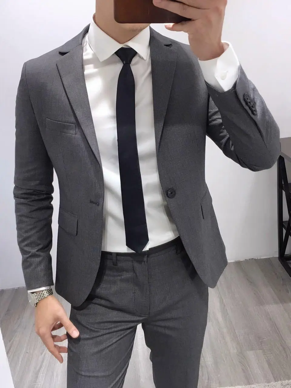 Vest ghi đậm 1 khuy cao cấp quần có đai chỉnh rộng chật  linh hoạt