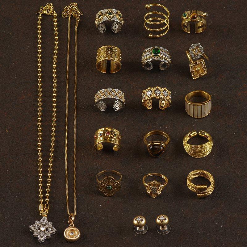 J43 Italian Court Style Brushed Zircon Natural Tiger Eye Crystal Vintage Hong Kong Style Necklace Ring 1