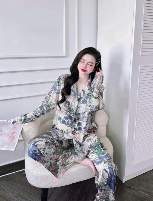 Đồ Bộ Nữ Pijama Bộ Lụa latin Tay Dài cổ sơ mi họa tiết 2