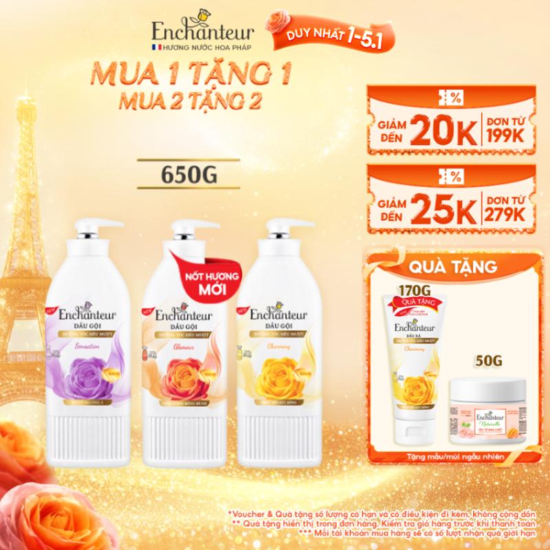 DUY NHẤT 1-5.1 Dầu Gội Enchanteur 650g Thơm Hương Nước Hoa với Keratin Dầu Hạnh Nhân B5 x2 Phục Hồi Hư Tổn và Óng Ả Không gàu bết ngứa