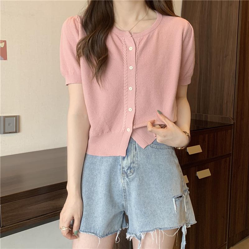Product Introduction of Áo Thun ngắn Tay Phong Cách Mới Mùa Hè, Cổ Chữ O, Dễ Phối Đồ Dành Cho Nữ, Ngắn Ngắn Tay, Một Hàng Cúc, Áo Cardigan Dệt Kim, Đơn Giản 18