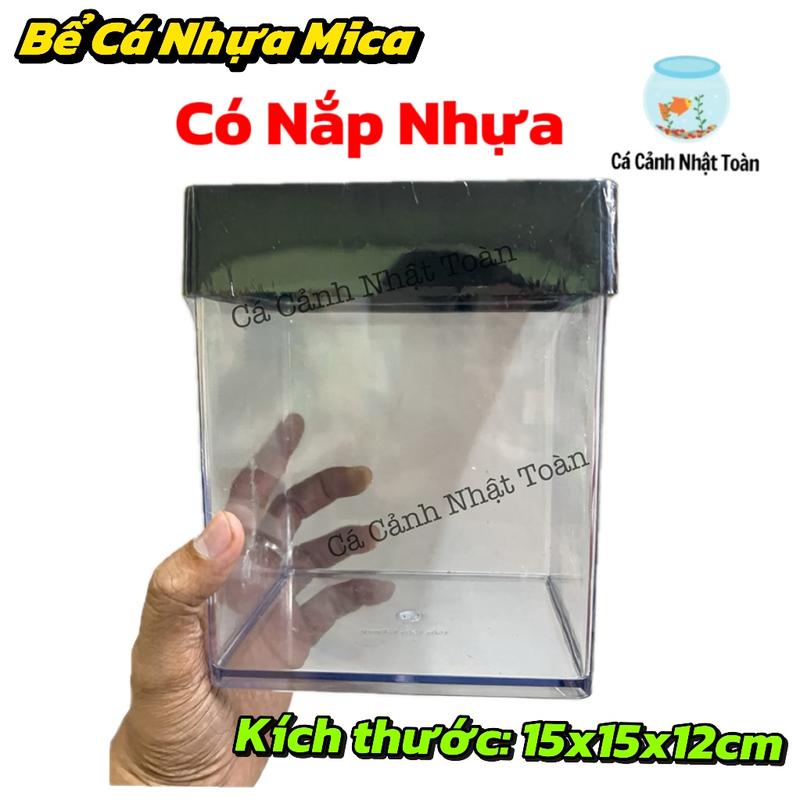 Bể Cá Betta Mica (có nắp nhựa) Siêu Trong, Hiện Đai 15x15x12cm - Hồ Show Nuôi Cá Cảnh Nhỏ Gọn - Cạnh Bo Cong