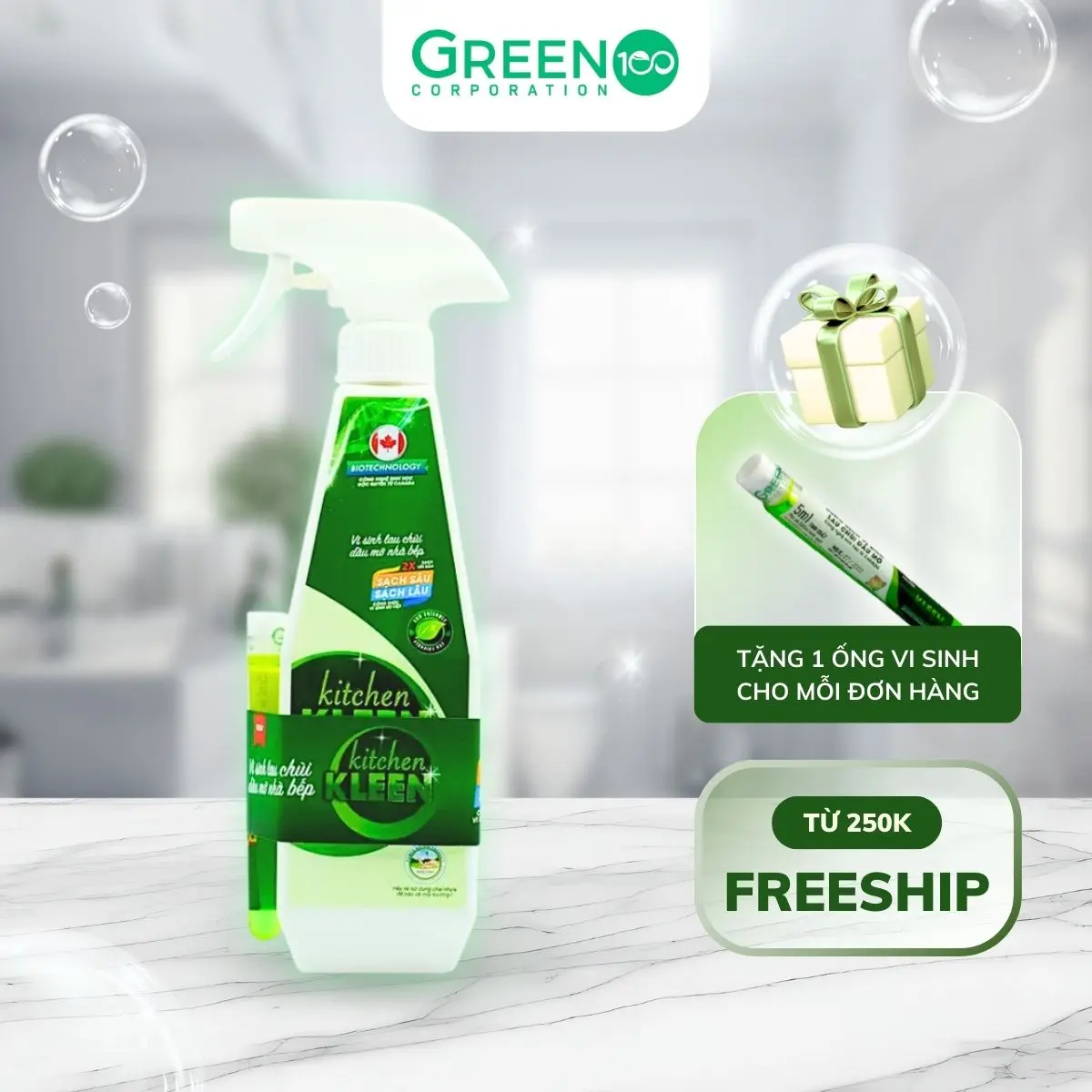 Bộ Vi Sinh Lau Chùi Dầu Mỡ Kitchen Kleen Khử Mùi Hôi An Toàn Cho Da (1 Chai 500ml + 1 Ống 5ml)