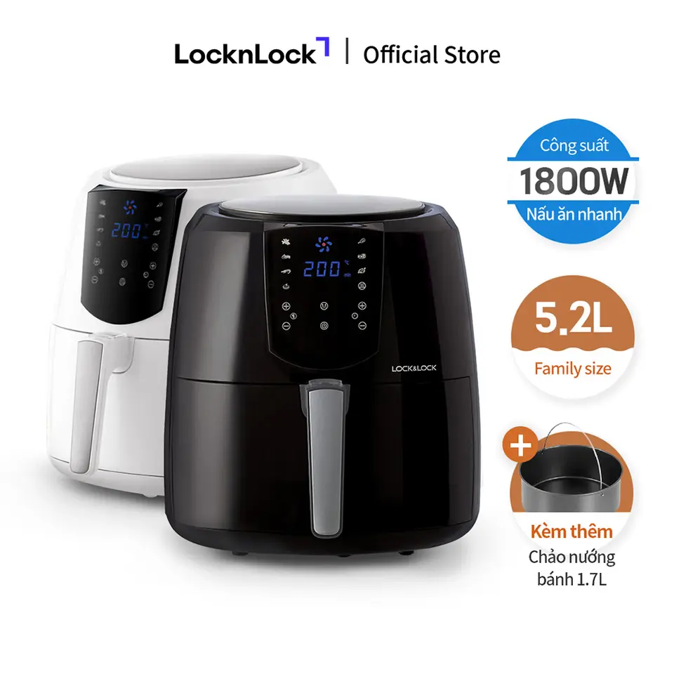 Nồi Chiên Không Dầu Lock&Lock Jumbo Plus Air Fryer 5.2L EJF357 -Màu đen/trắng - Kèm khay làm bánh