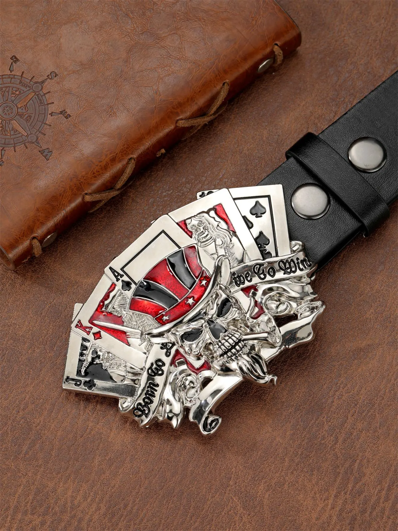 Men's Casino Themed Pu Leather Belt with Buckle, Poker & Skull Decorative Waist Belt, Casual Trendy Clothes Accessory For Daily & Party