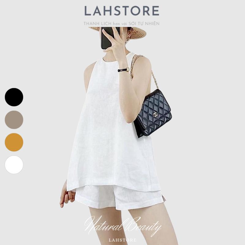 Áo sát nách nữ dáng yếm vải linen tưng Hàn LAHSTORE lưng xẻ sâu, cúc bọc (Trắng) Top 0