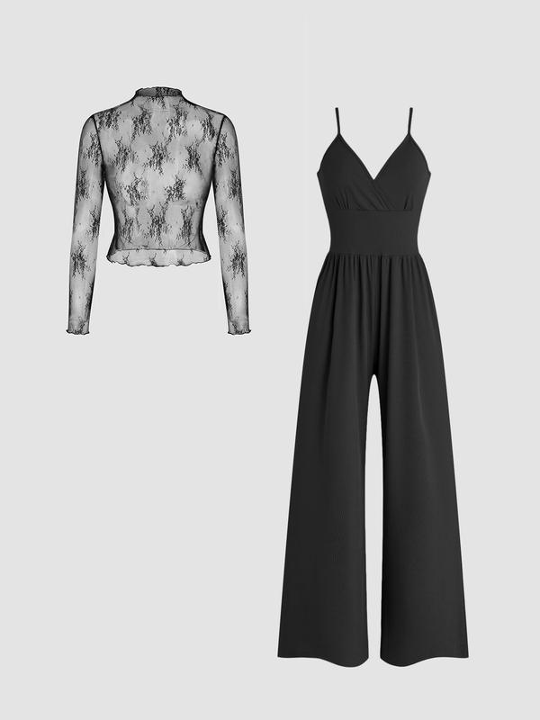 Two-piece Set Women's Solid Color Lettuce Trim Mock Neck Sheer Lace Top & Pocket Wide Leg Cami Jumpsuit, Travel, Elegant Fashion Casual Two Piece Outfits for Daily Outdoor Wear, Women Clothes for Spring & Fall 6