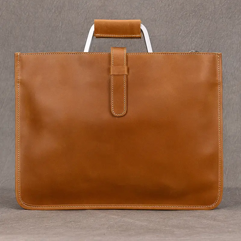 Retro Men's Handheld Bag.Genuine Leather Horizontal Briefcase.Crazy Horse Leather Business Document Bag.Ultra-thin Shoulder Bag