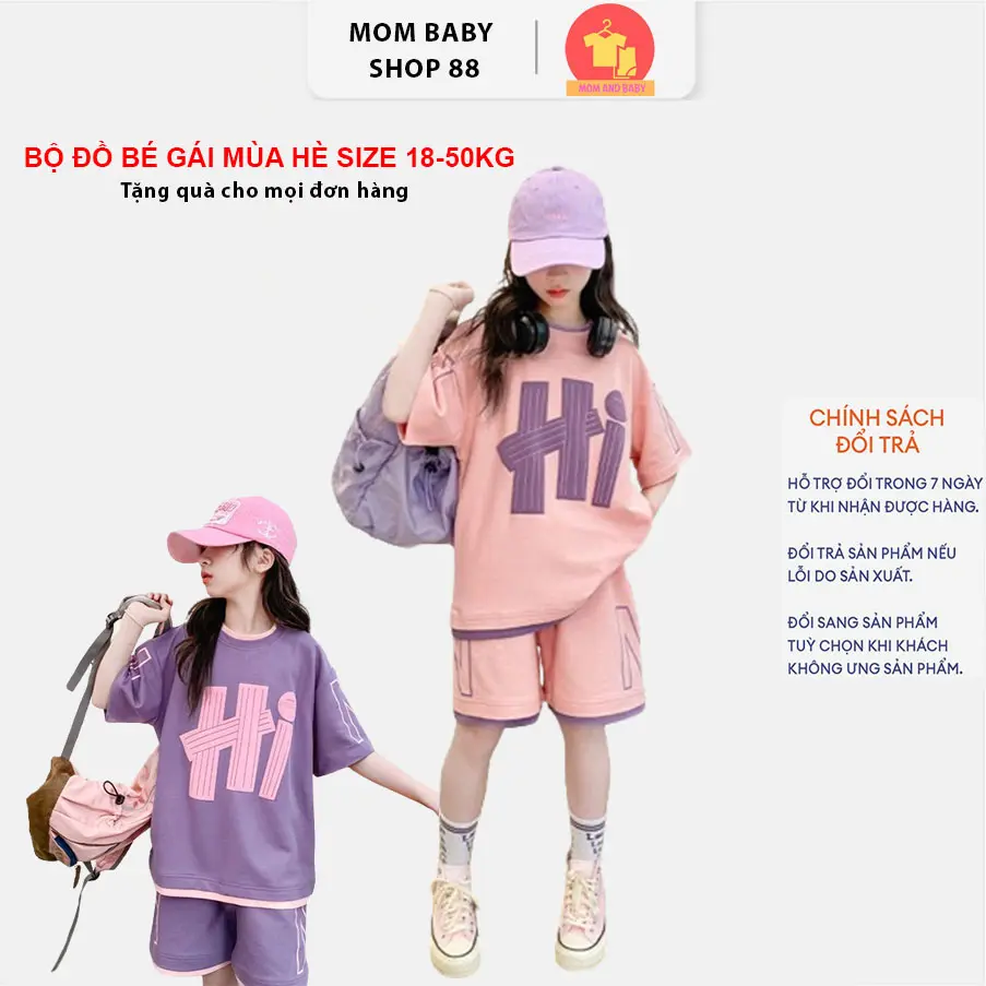 Bộ đồ cộc tay bé gái, quần áo mùa hè cho bé gái, đồ bộ cho bé gái mùa hè mẫu Hi size 18-50kg, chất liệu cotton thoáng mát, bộ bé gái mùa hè, đồ hè cho bé gái