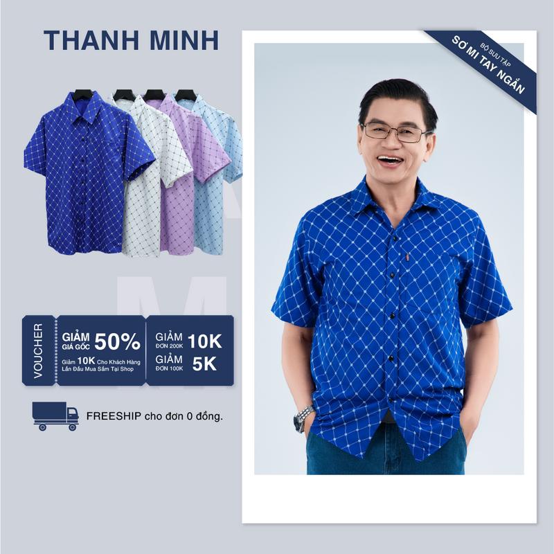 Áo Sơ Mi nam trung niên Ngắn tay vải lụa cao cấp Tomen họa tiết dấu cộng đơn giản phù hợp lứa tuổi thể hiện phong cách sang trọng và thanh lịch. Menswear Xanh Dương