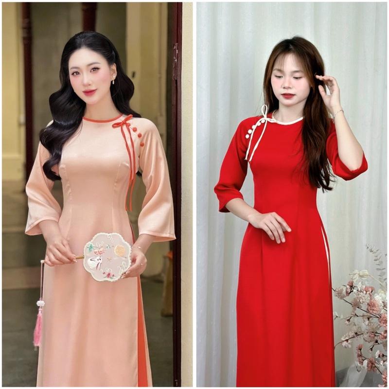  Áo dài truyền thống AN VY lụa tây thi cổ tròn tay lỡ loe đính nơ cách điệu 