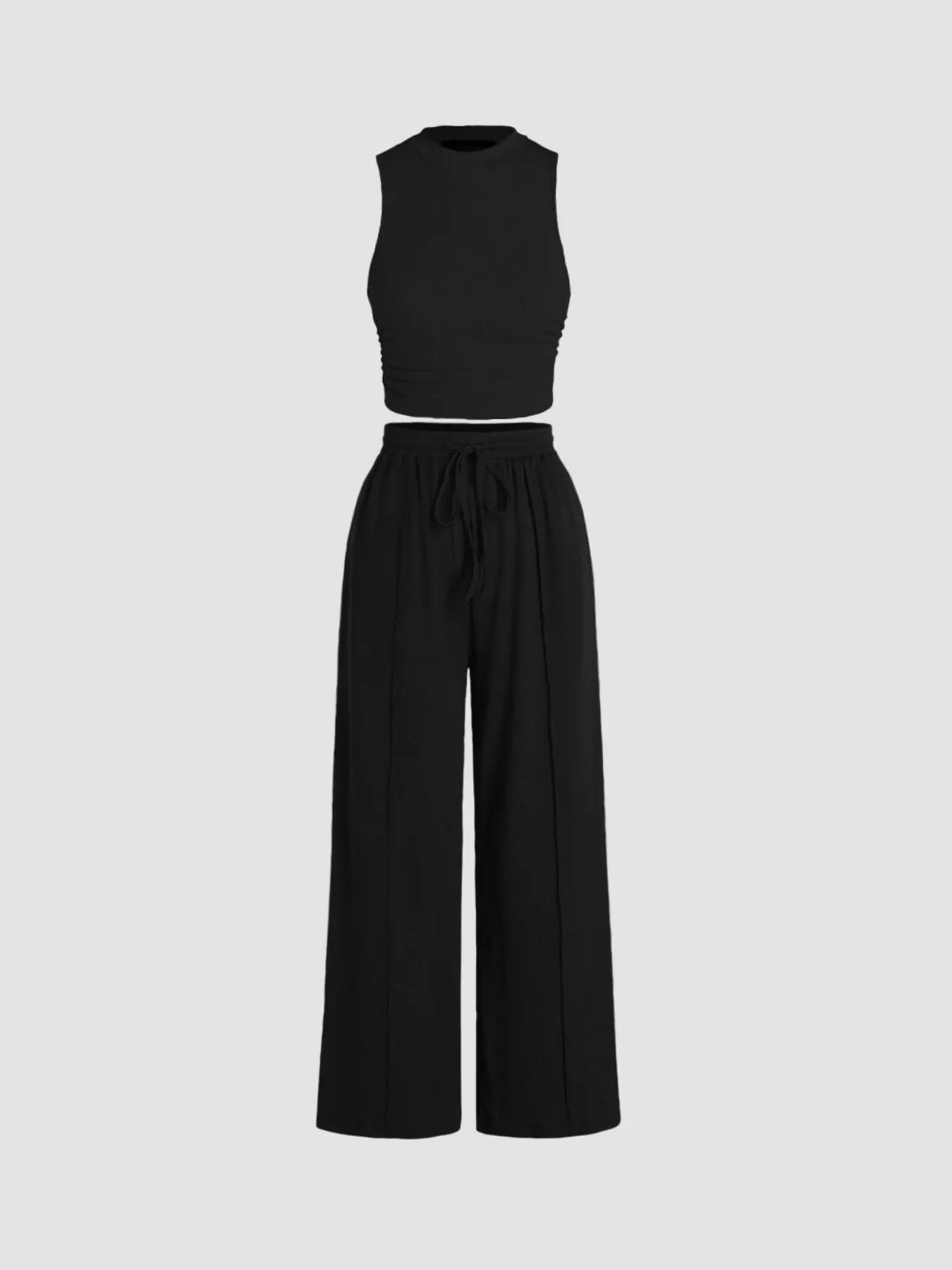 Two-piece Set Women's Solid Ribbed Crop Tank Top & Drawstring Waist Pants Polyester Set, Co Ords for Women, Co Ord Set Summer, Casual Soft Sleeveless Round Neck Top & Wide Leg Trousers for Summer, Ladies Clothing for Daily Wear, Two Piece Set Women
