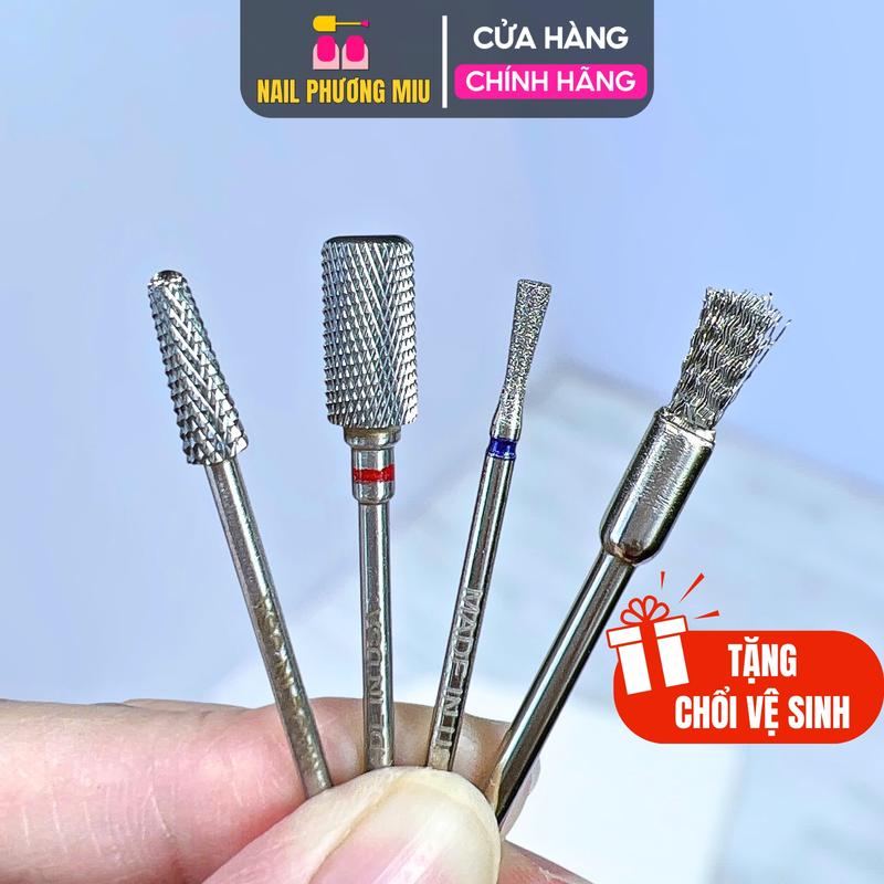 Combo 3 Đầu Mài Titan Tặng Chổi Vệ Sinh, Đầu Mài Da, Mài Chân Móng Up, Mài Mịn Phá Gel Titanium Vonfram Siêu Bền Làm Nail Tiện Lợi, Không Nóng Móng