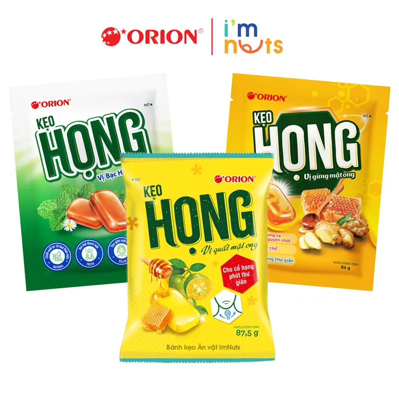 Kẹo ngậm Họng Orion vị Quất và Gừng mật ong, vị Bạc hà thảo mộc 0