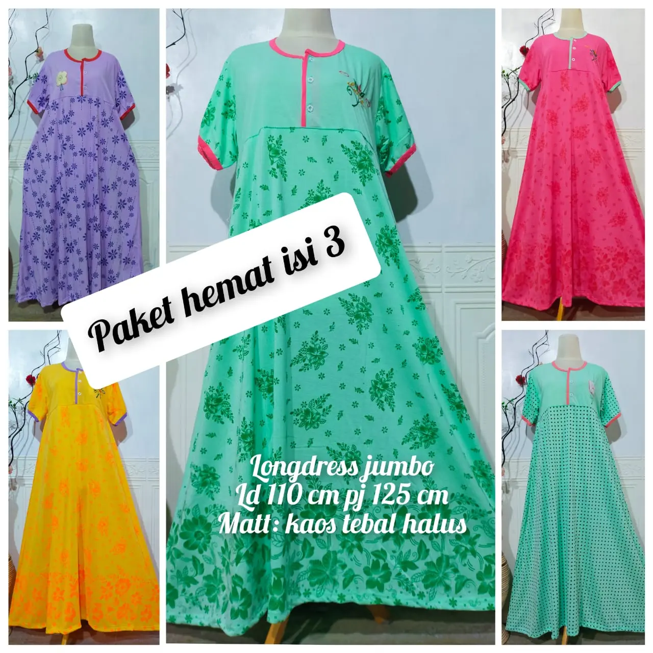 paket hemat 112.500 dapat 3 longdress jumbo bahan halus