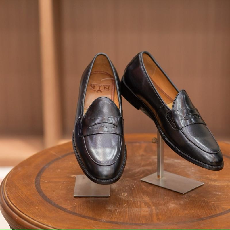 Giày Nam NTK Penny loafer Shoes đen đế gỗ phíp khâu mckay bảo hành da 24 tháng ( có size 44 ghi chú giúp shop) Hoa Đồng